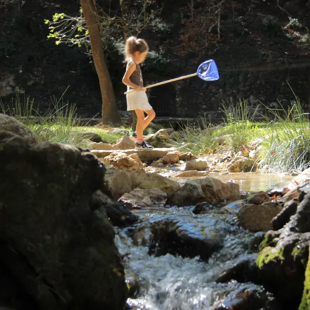 Enfant jouant près de l’eau à la source des Nayes, site naturel de détente en famille à Saint-Zacharie.