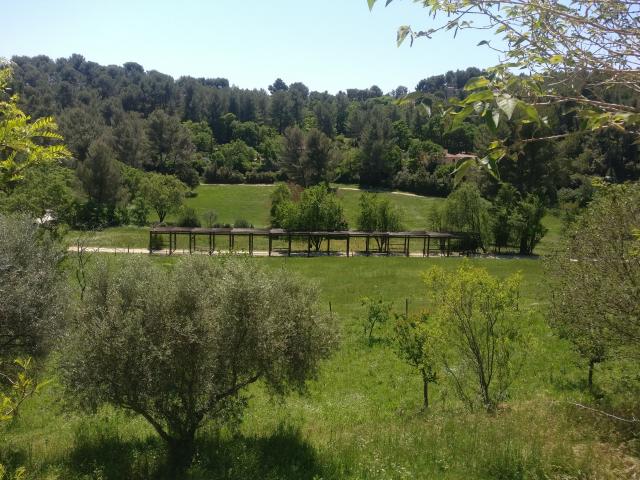 Pergola en bois traversant une prairie verdoyante, entourée d’oliviers et d’arbres méditerranéens, avec des collines boisées en arrière-plan sous un ciel clair au domaine de Font de Mai à Aubagne