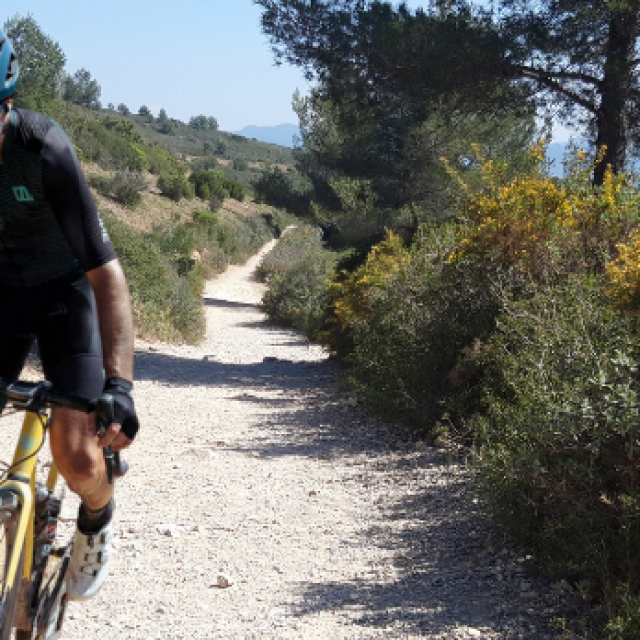 Cycliste équipé roulant sur un chemin blanc caillouteux entouré de végétation et de collines sous un ciel clair.
